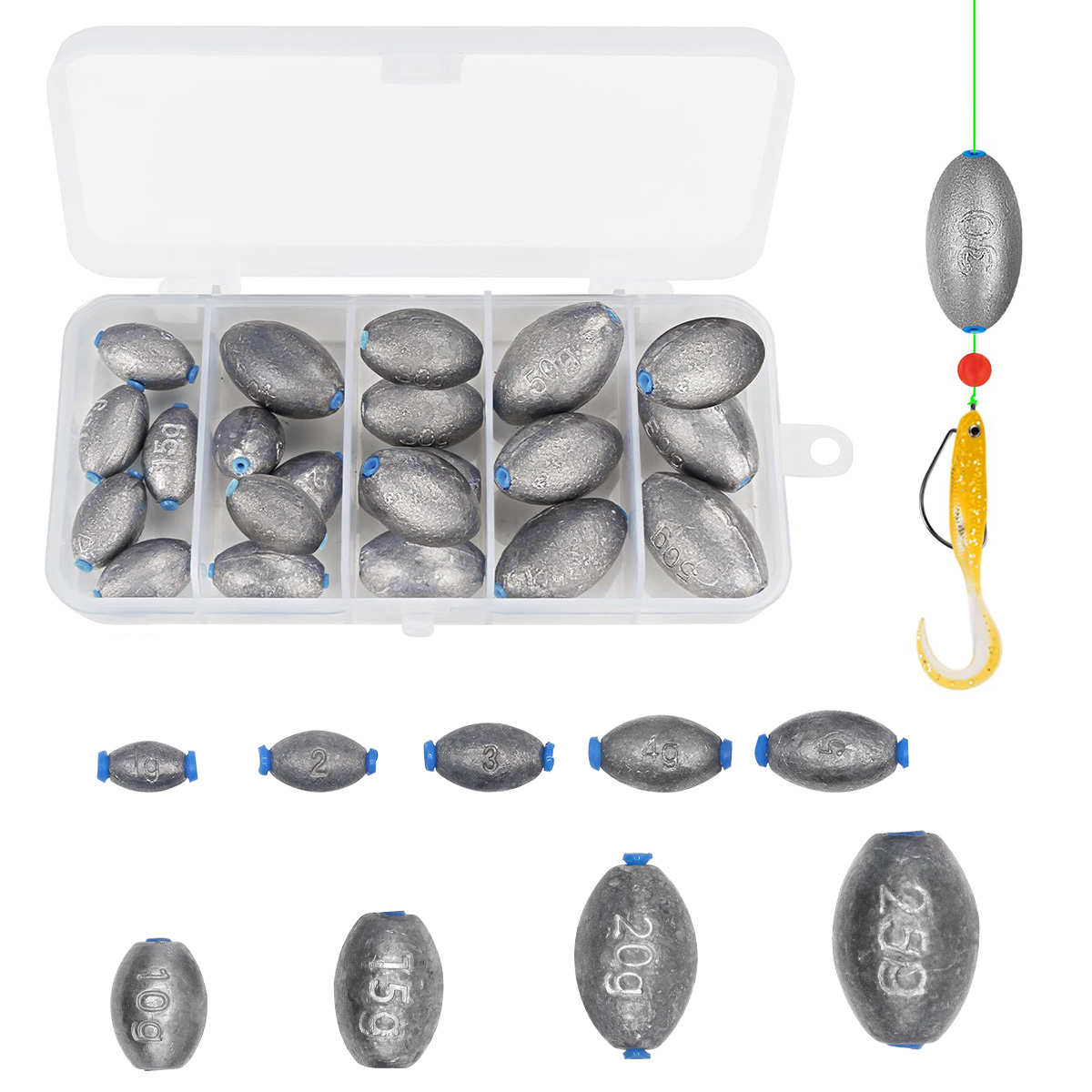 Bass Fishing Lure - ชุดตุ้มตะกั่วตกปลา รูปไข่ สำหรับตกปลาเบส ปลาหนอน ปลากระพง ใช้ได้ทั้งน้ำเค็มและน้ำจืด
